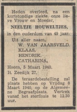 Overlijden Neeltje Houweltjes. 